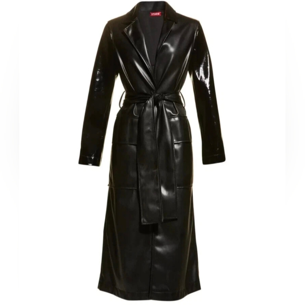 Staud Black Ashley Vegan Leather Long Trench Coat with Belt Size XS